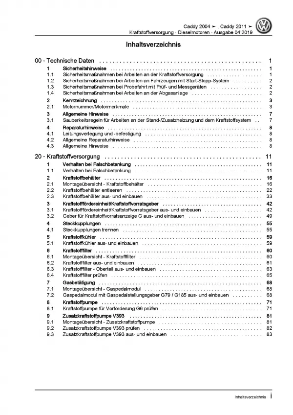 VW Caddy 2K/2C 2010-2015 Kraftstoffversorgung Dieselmotoren Reparaturanleitung