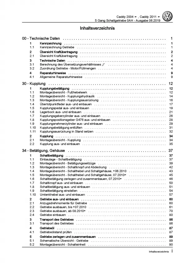 VW Caddy 2K/2C (10-15) 5 Gang Schaltgetriebe 0AH Kupplung Reparaturanleitung PDF