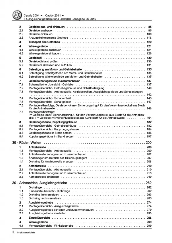 VW Caddy 2K/2C 2010-2015 6 Gang Schaltgetriebe 02Q und 0BB Reparaturanleitung