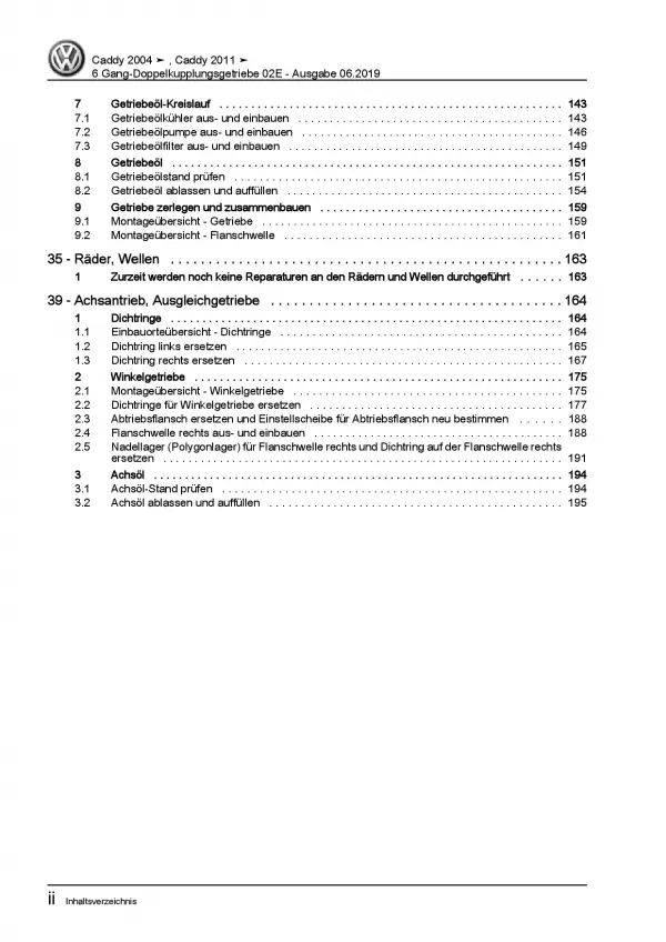 VW Caddy 2K/2C 2010-2015 6 Gang Automatikgetriebe DSG DKG 02E Reparaturanleitung