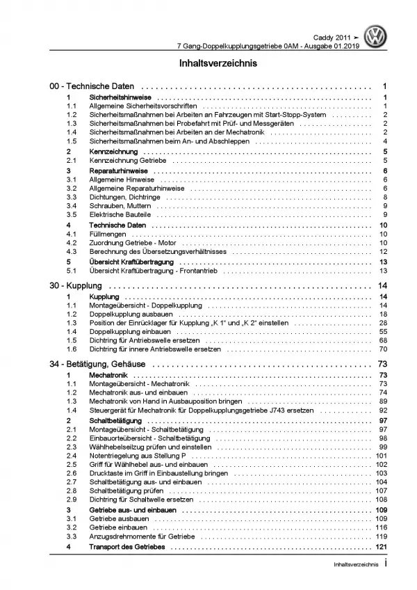 VW Caddy 2K/2C 2010-2015 7 Gang Automatikgetriebe DSG DKG Reparaturanleitung PDF