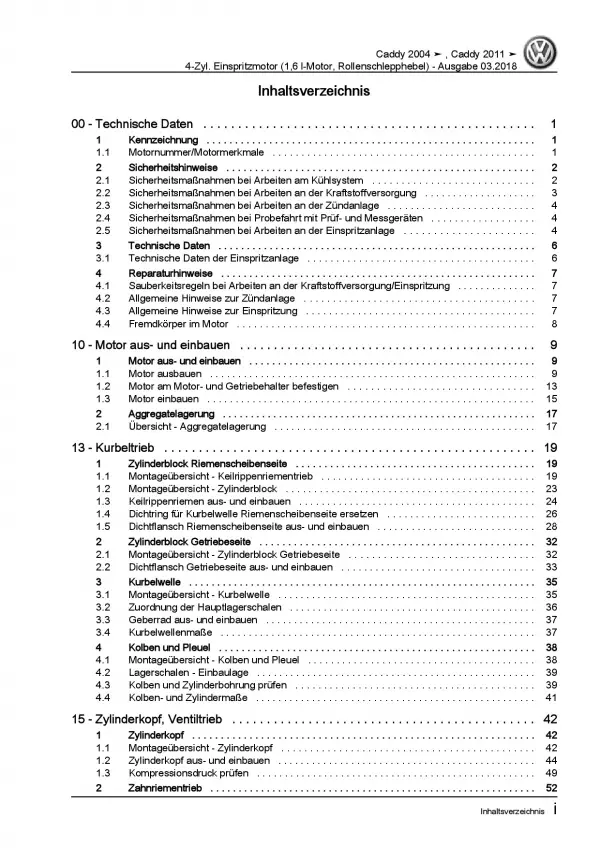 VW Caddy 2K/2C 2010-2015 4-Zyl. 1,6l Benzinmotor 102 PS Reparaturanleitung PDF