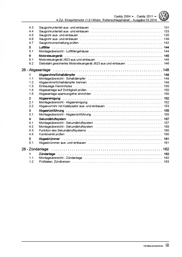 VW Caddy Typ 2K/2C 2010-2015 4-Zyl. 1,6l Benzinmotor 102 PS Reparaturanleitung