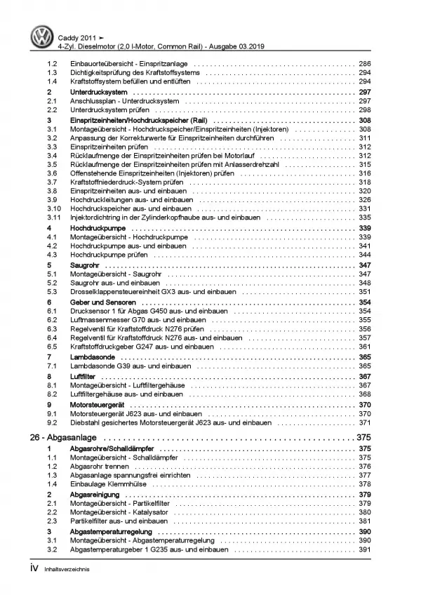 VW Caddy 2K/2C 2010-2015 2,0l Dieselmotor TDI 85-170 PS Reparaturanleitung PDF