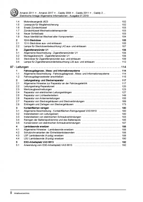 VW Caddy 2K/2C 2010-2015 Allgemeine Infos Elektrische Anlage Reparaturanleitung