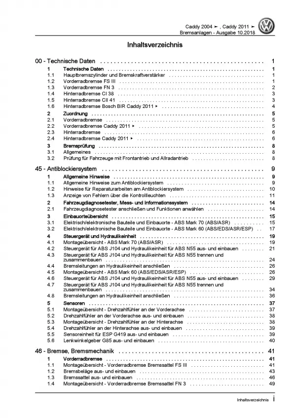 VW Caddy Typ 2K 2003-2010 Bremsanlagen Bremsen System Reparaturanleitung PDF