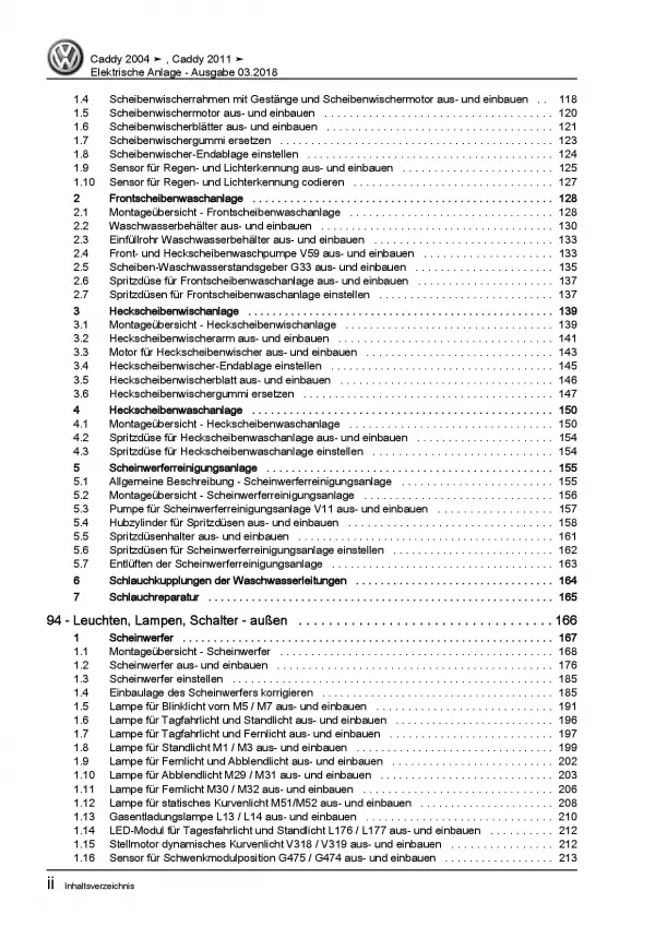 VW Caddy Typ 2K 2003-2010 Elektrische Anlage Elektrik Systeme Reparaturanleitung