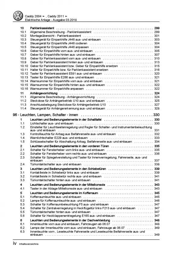 VW Caddy Typ 2K 2003-2010 Elektrische Anlage Elektrik Systeme Reparaturanleitung