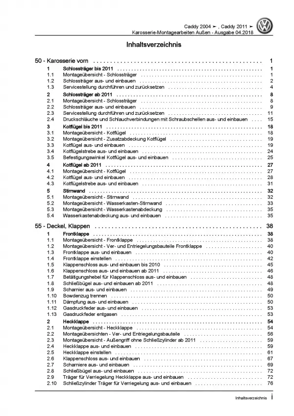 VW Caddy 2K 2003-2010 Karosserie Montagearbeiten Außen Reparaturanleitung PDF