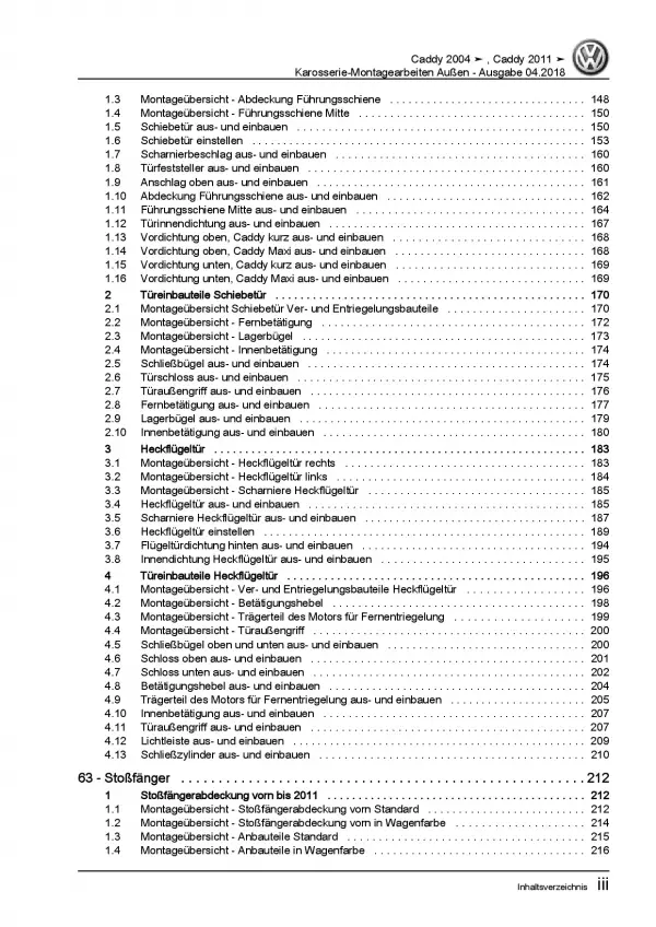 VW Caddy Typ 2K 2003-2010 Karosserie Montagearbeiten Außen Reparaturanleitung