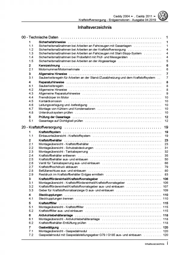 VW Caddy 2K 2003-2010 Kraftstoffversorgung Erdgasmotoren Reparaturanleitung PDF