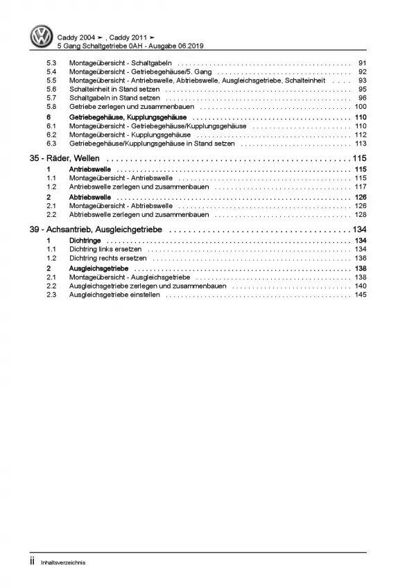 VW Caddy 2K 2003-2010 5 Gang 0AH Schaltgetriebe Kupplung Reparaturanleitung PDF