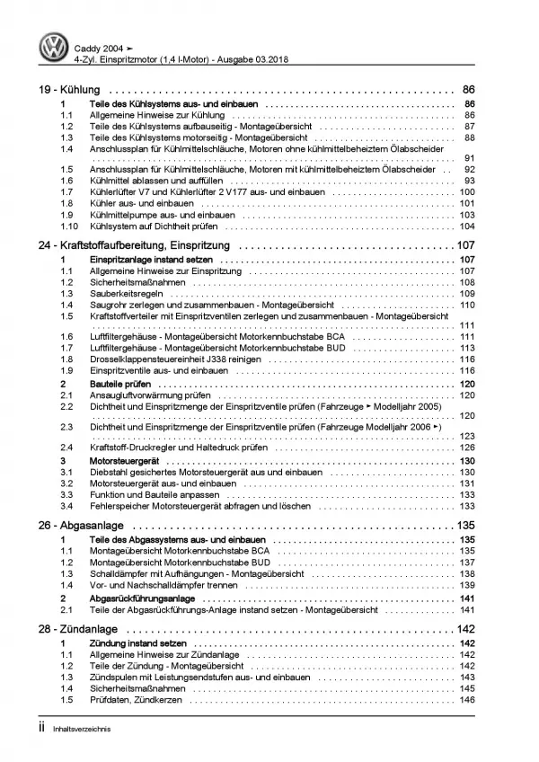 VW Caddy 2K 2003-2010 4-Zyl. 1,4l Benzinmotor 75-80 PS Reparaturanleitung PDF