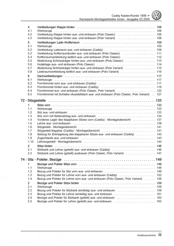 VW Caddy 9K 1995-2003 Karosserie Montagearbeiten Innen Reparaturanleitung PDF