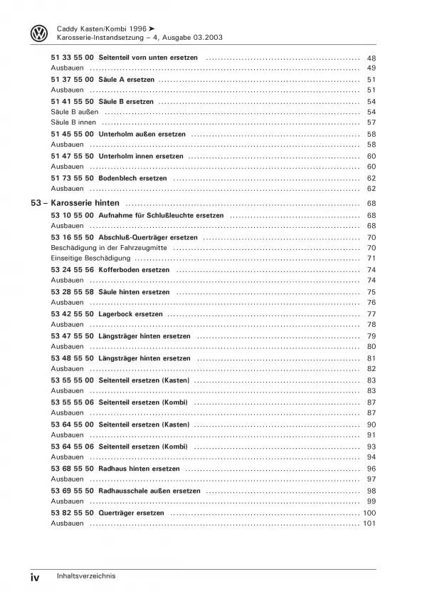 VW Caddy Typ 9K 1995-2003 Karosserie Unfall Instandsetzung Reparaturanleitung