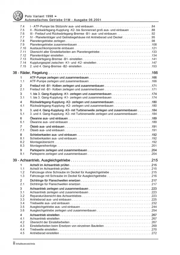 VW Caddy Typ 9K 1995-2003 4 Gang Automatikgetriebe 01M Reparaturanleitung PDF