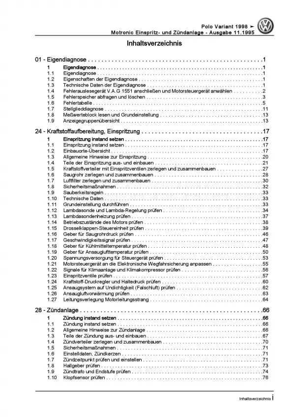 VW Caddy 9K 1995-2003 Motronic Einspritz- und Zündanlage Reparauranleitung PDF