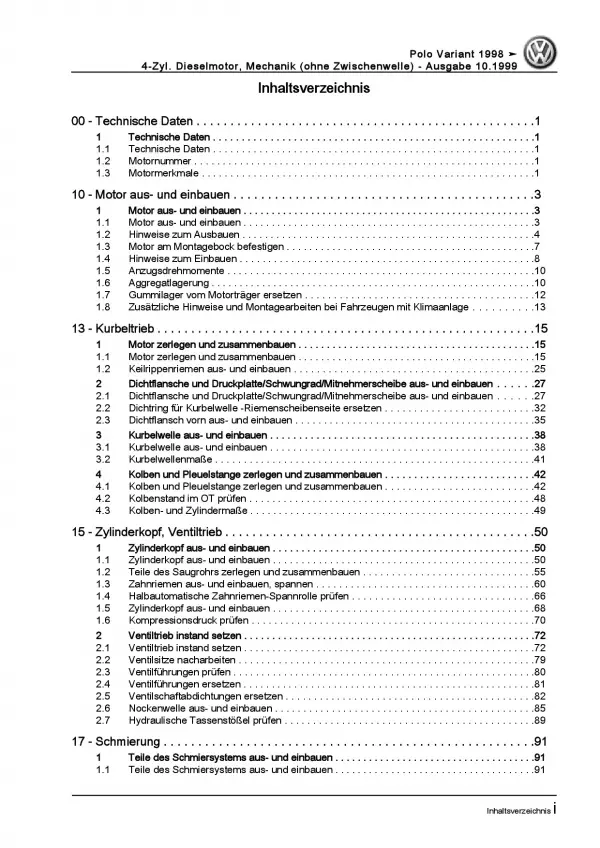 VW Caddy 9K 1995-2003 1,9l Dieselmotor Mechanik 64-110 PS Reparauranleitung PDF