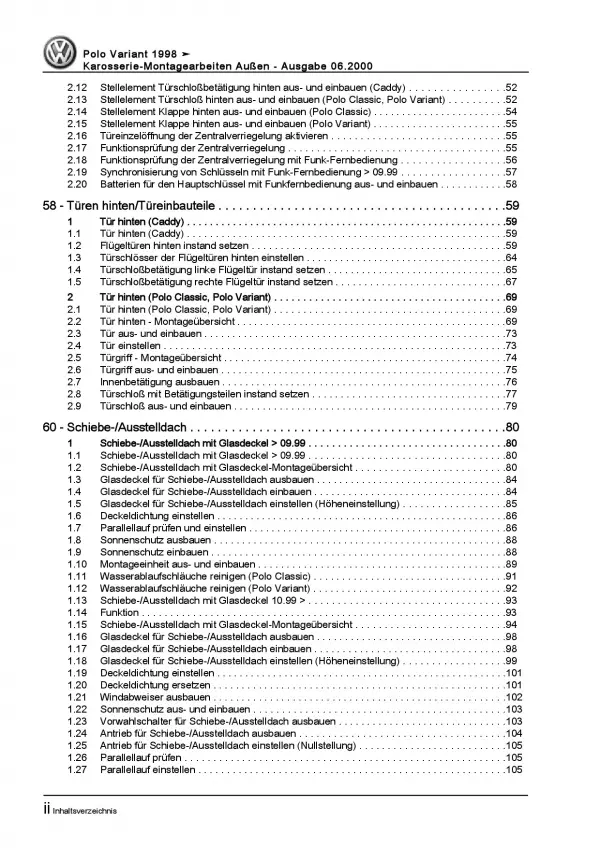 VW Caddy Typ 9K 1995-2003 Karosserie Montagearbeiten Außen Reparaturanleitung