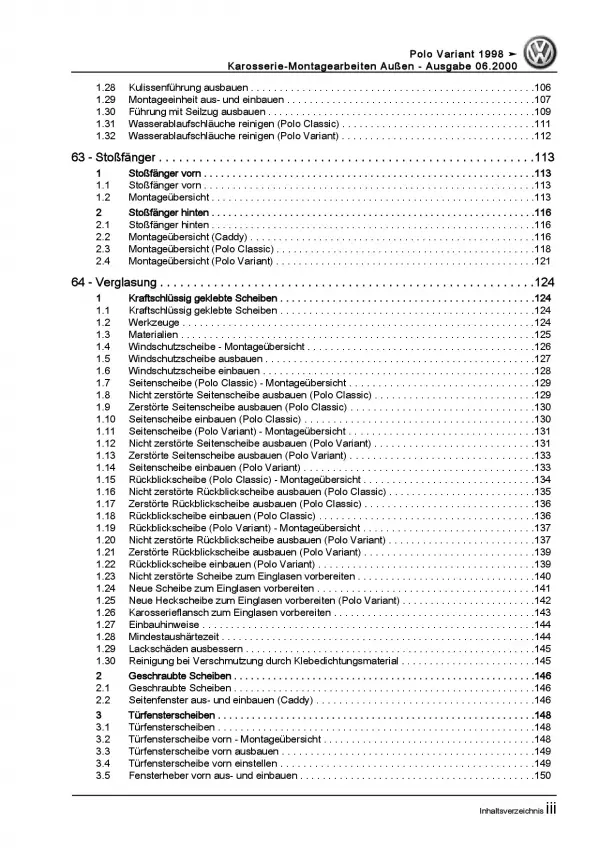 VW Caddy 9K 1995-2003 Karosserie Montagearbeiten Außen Reparaturanleitung PDF