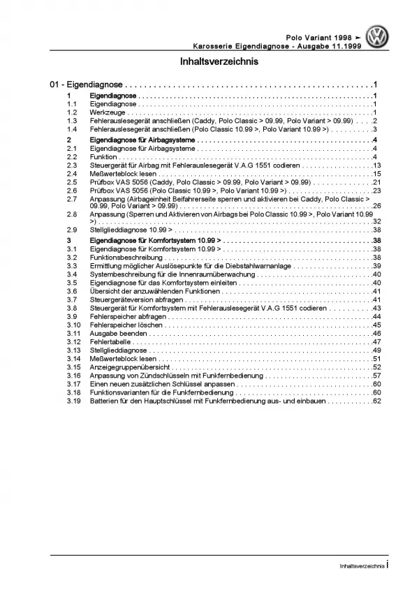 VW Caddy Typ 9K 1995-2003 Eigendiagnose Karosserie Reparaturanleitung PDF