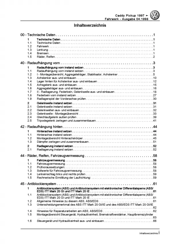 VW Caddy Pickup 1997-2002 Fahrwerk Bremsen Lenkung Reparaturanleitung