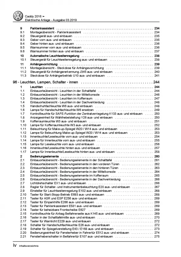 VW Caddy Typ SA ab 2015 Elektrische Anlage Elektrik Systeme Reparaturanleitung