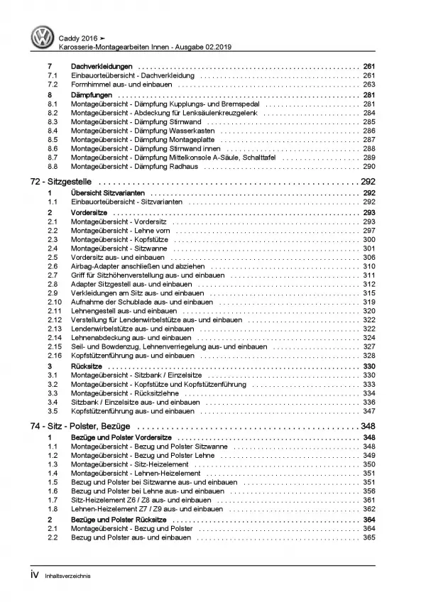 VW Caddy Typ SA ab 2015 Karosserie Montagearbeiten Innen Reparaturanleitung