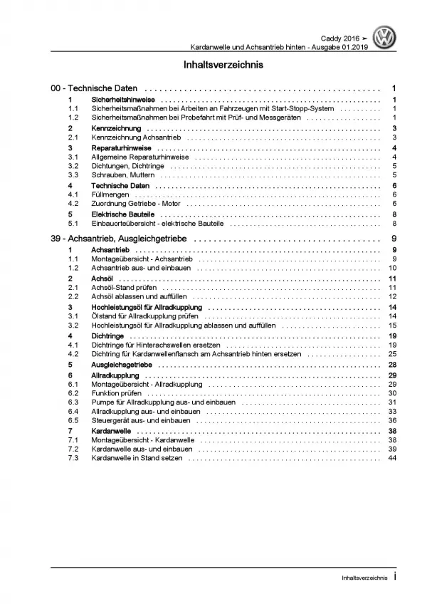 VW Caddy Typ SA ab 2015 Kardanwelle Achsantrieb hinten Reparaturanleitung PDF