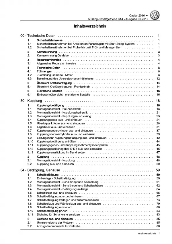 VW Caddy SA ab 2015 5 Gang Schaltgetriebe 0A4 Kupplung Reparaturanleitung PDF