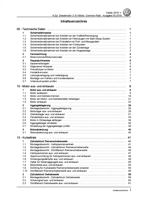 VW Caddy SA ab 2015 4-Zyl. 1,6l Dieselmotor TDI 75-102 PS Reparaturanleitung PDF