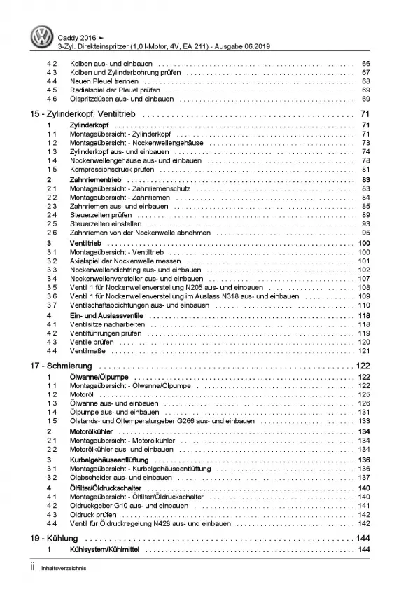 VW Caddy Typ SA ab 2015 3-Zyl. 1,0l Benzinmotor 84-102 PS Reparaturanleitung PDF