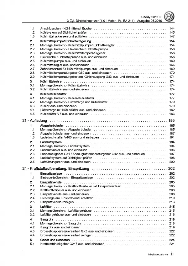 VW Caddy Typ SA ab 2015 3-Zyl. 1,0l Benzinmotor 84-102 PS Reparaturanleitung PDF