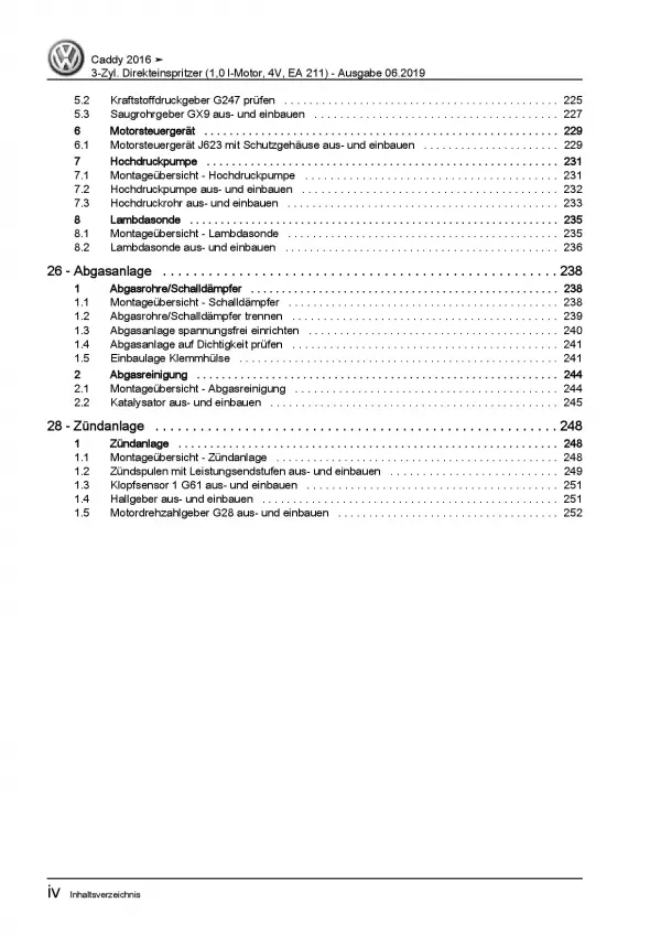 VW Caddy Typ SA ab 2015 3-Zyl. 1,0l Benzinmotor 84-102 PS Reparaturanleitung PDF