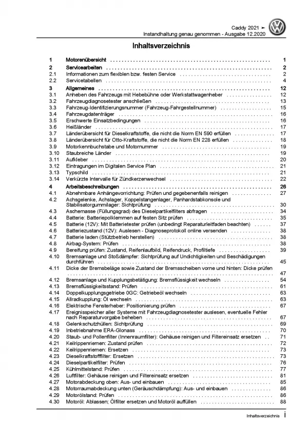 VW Caddy SB ab 2020 Instandhaltung Inspektion Wartung Reparaturanleitung PDF