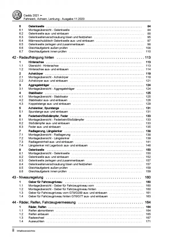 VW Caddy Typ SB ab 2020 Fahrwerk Achsen Lenkung Reparaturanleitung PDF