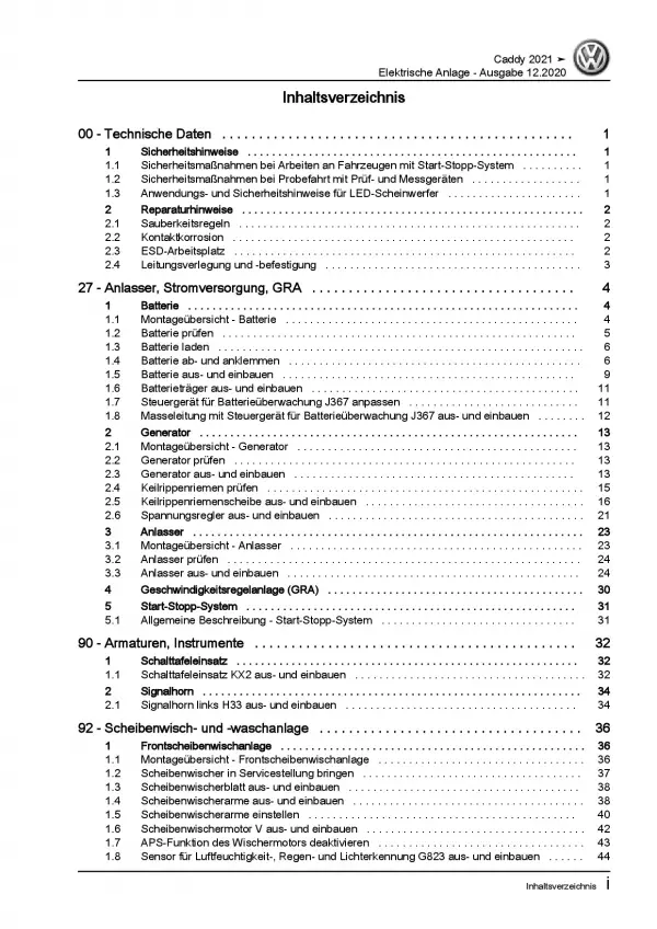 VW Caddy SB ab 2020 Elektrische Anlage Elektrik Systeme Reparaturanleitung PDF