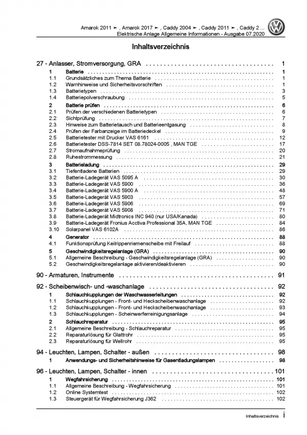 VW Caddy Typ SB ab 2020 Allgemeine Infos Elektrische Anlage Reparaturanleitung