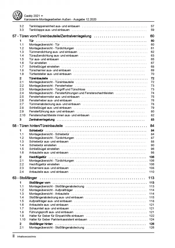 VW Caddy SB ab 2020 Karosserie Montagearbeiten Außen Reparaturanleitung PDF