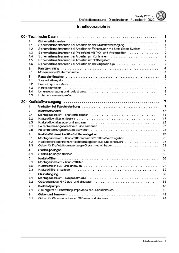 VW Caddy Typ SB ab 2020 Kraftstoffversorgung Dieselmotoren Reparaturanleitung