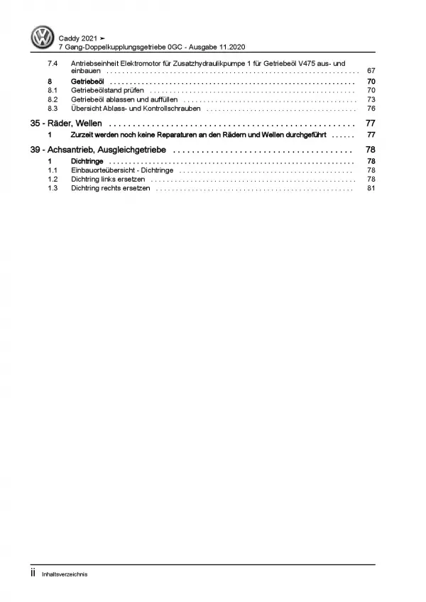 VW Caddy SB ab 2020 7 Gang Automatikgetriebe DSG DKG 0GC Reparaturanleitung PDF