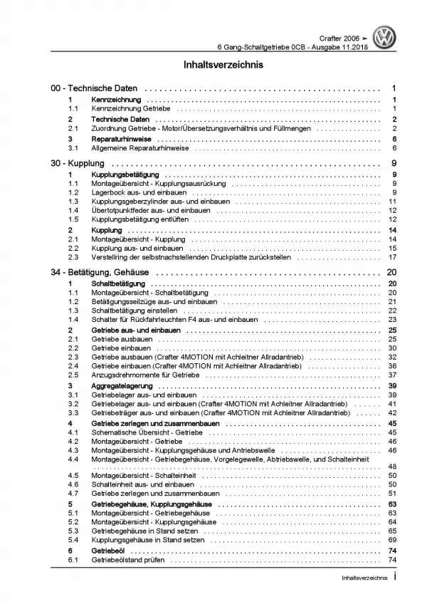 VW Crafter 2E (06-16) 6 Gang Schaltgetriebe 0CB Kupplung Reparaturanleitung PDF