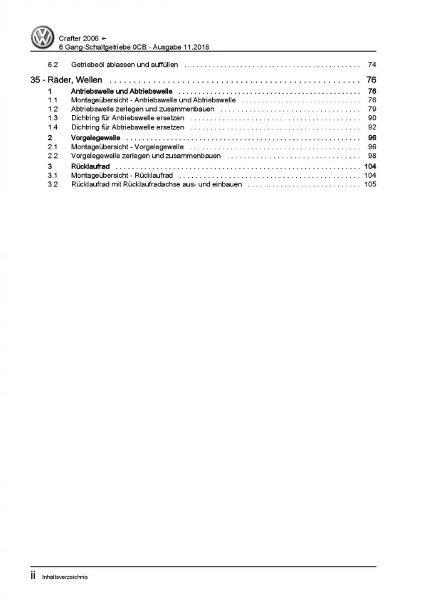 VW Crafter 2E 2006-2016 6 Gang Schaltgetriebe 0CB Kupplung Reparaturanleitung