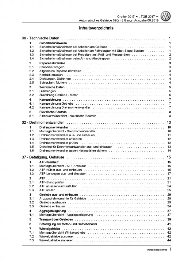 VW Crafter SY SZ ab 2017 8 Gang Automatikgetriebe 09Q Reparaturanleitung PDF