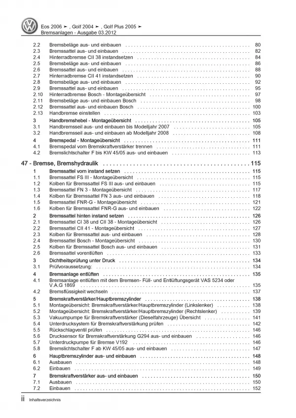 VW EOS Typ 1F 2006-2015 Bremsanlagen Bremsen System Reparaturanleitung PDF