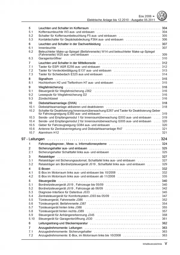 VW EOS Typ 1F 2006-2010 Elektrische Anlage Elektrik Systeme Reparaturanleitung