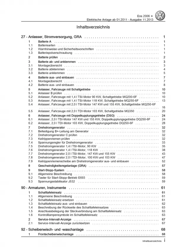 VW EOS 1F 2011-2015 Elektrische Anlage Elektrik Systeme Reparaturanleitung PDF