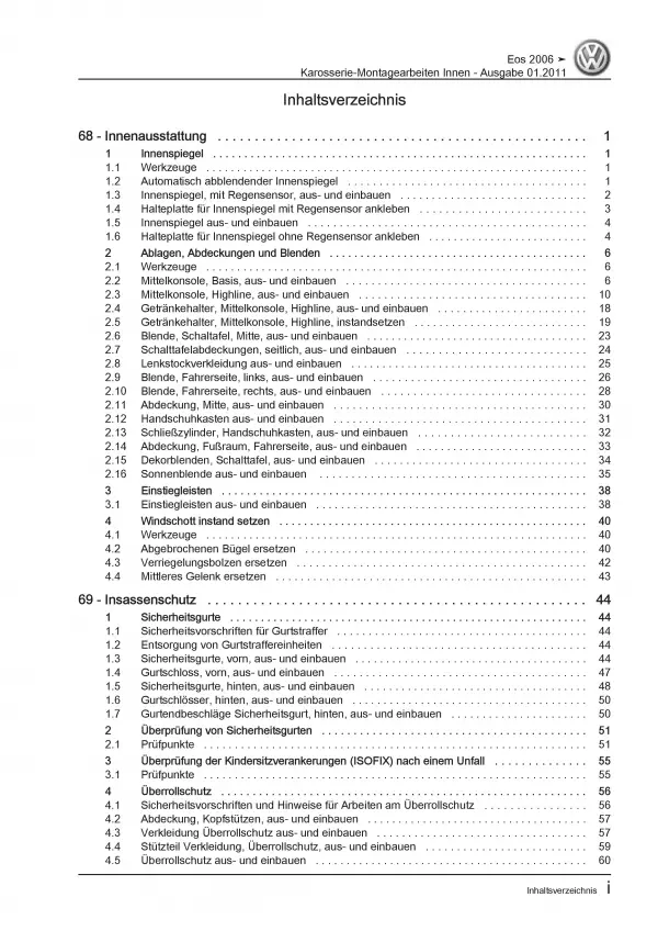 VW EOS Typ 1F 2006-2015 Karosserie Montagearbeiten Innen Reparaturanleitung PDF