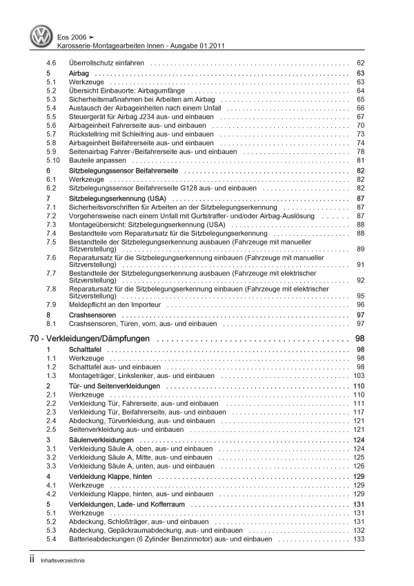 VW EOS Typ 1F 2006-2015 Karosserie Montagearbeiten Innen Reparaturanleitung PDF