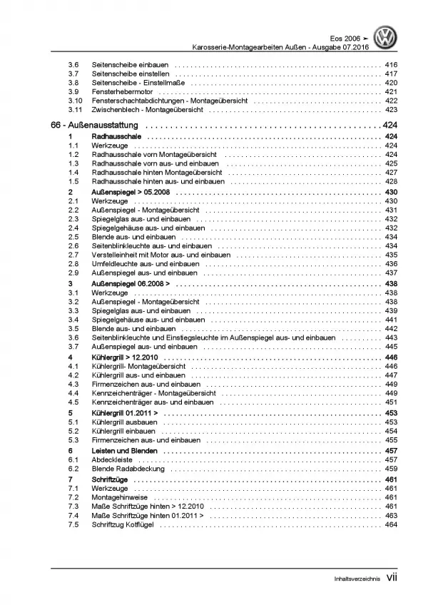 VW EOS Typ 1F 2006-2015 Karosserie Montagearbeiten Außen Reparaturanleitung